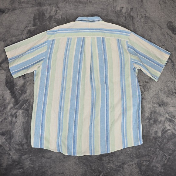 Jos A Bank Travelers Linen Button Shirt Mens XL Beige Blue Stripe Beach Casual - Picture 3 of 7